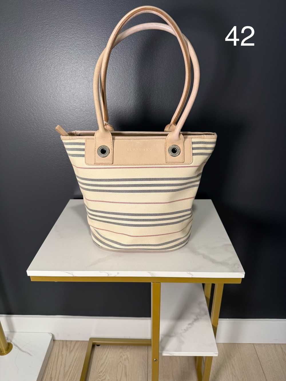 Burberry Cream Canvas Stripe Tote with Tan Leather Trim